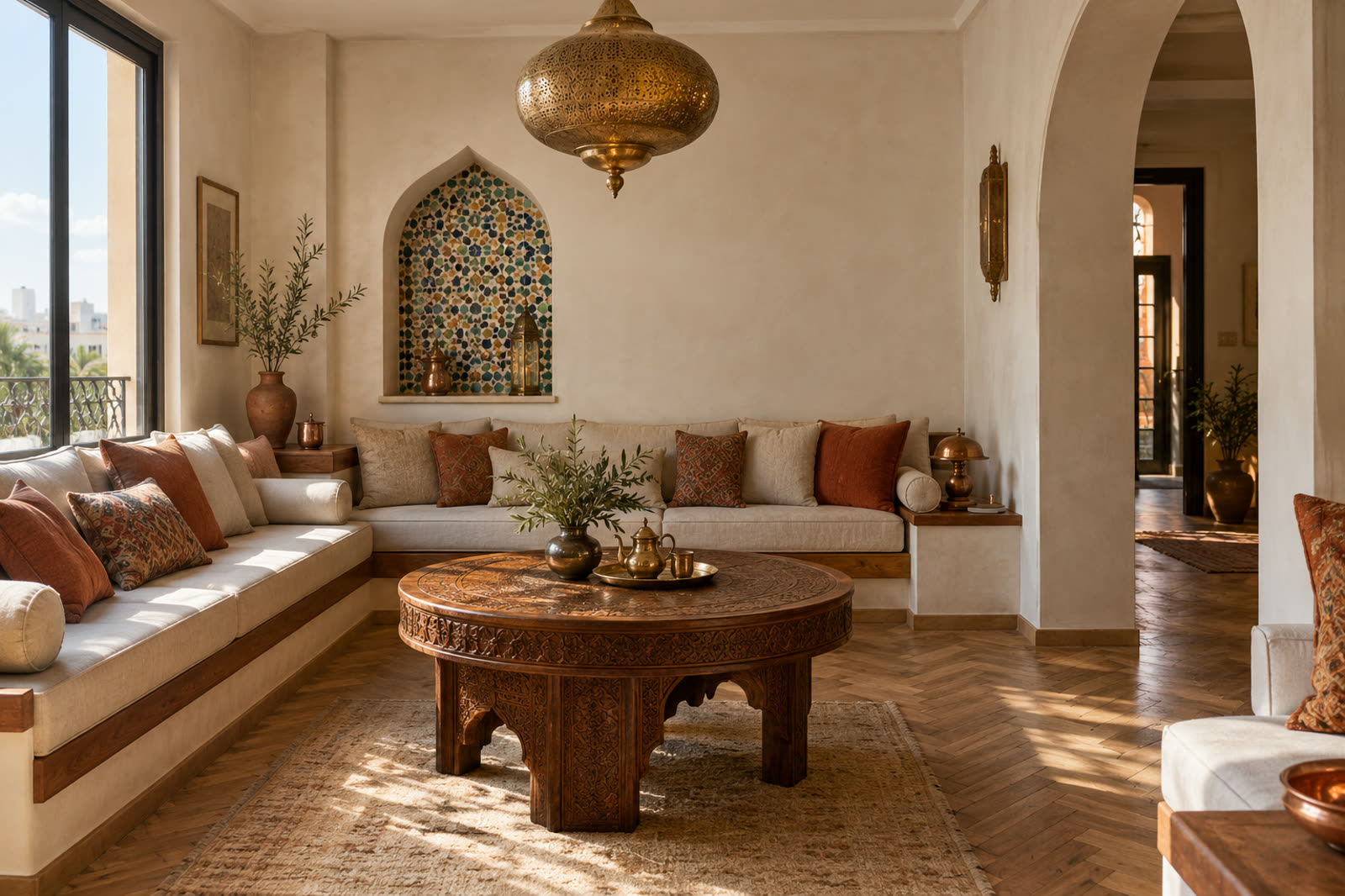 Salon marocain contemporain en tadelakt et zellige