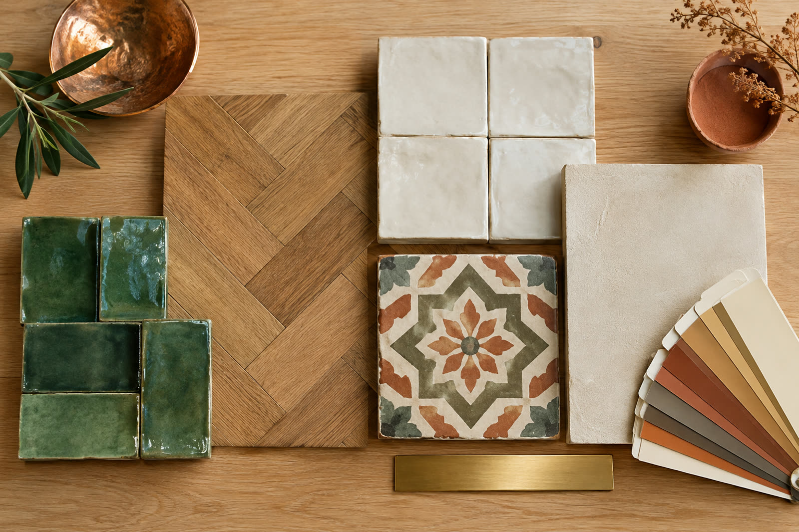 Planche de matériaux : parquet, zellige, carreau ciment, tadelakt