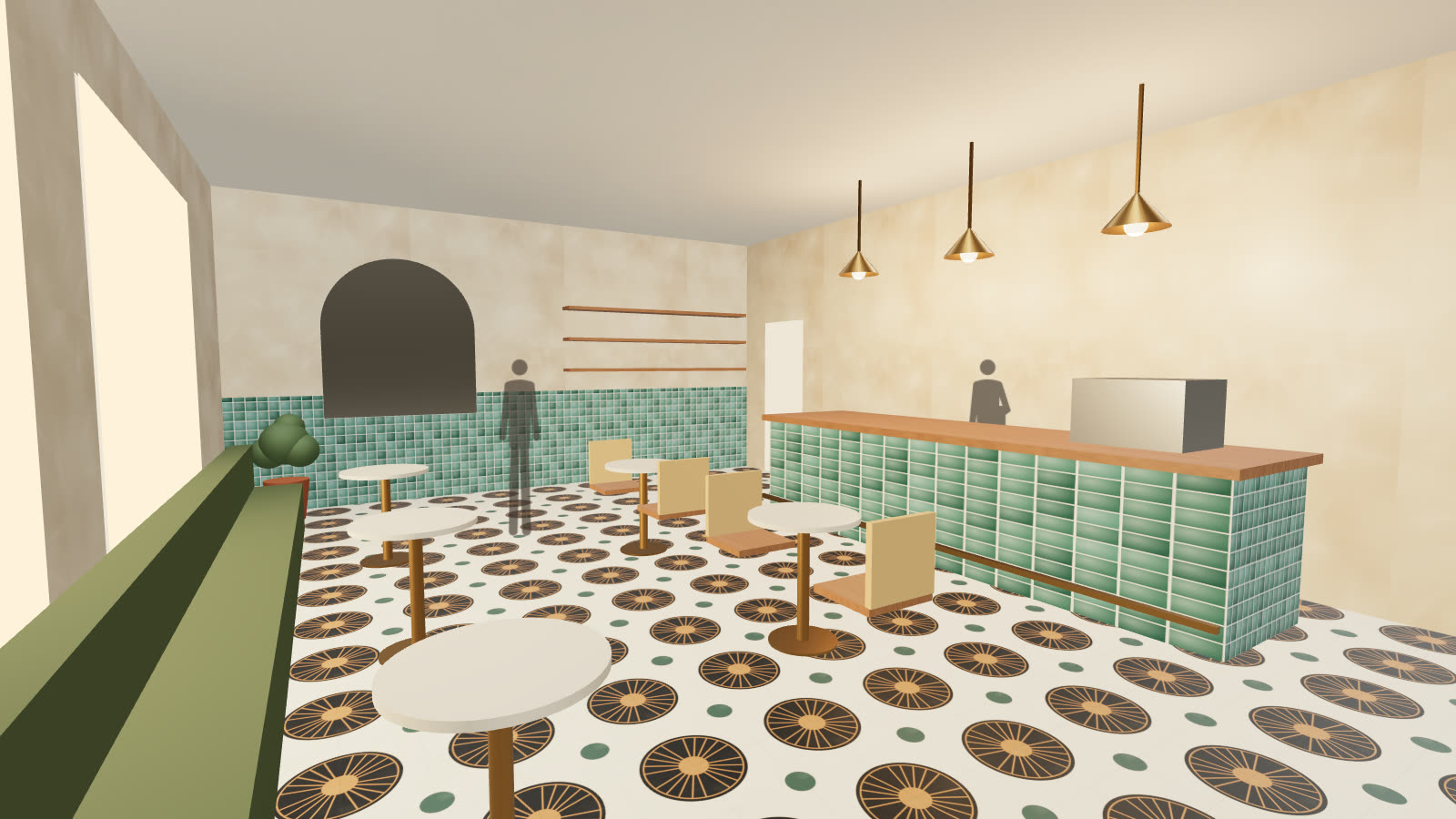 Le même café transformé : comptoir en zellige, suspensions laiton, banquette en velours, carreaux ciment