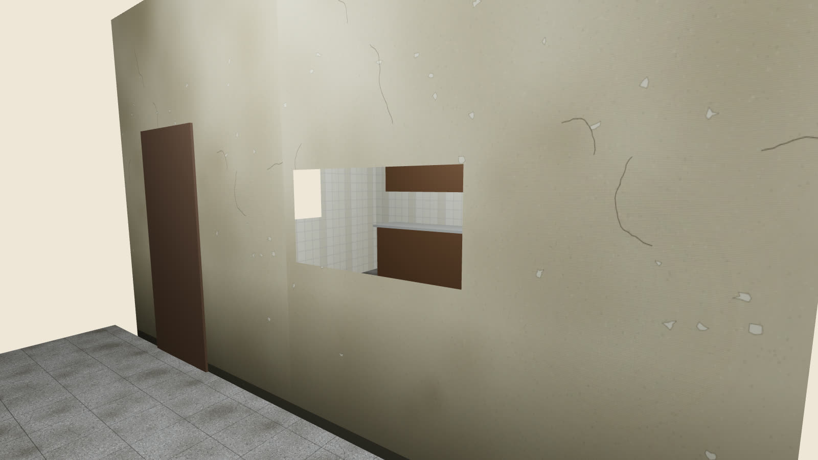Cuisine fermée, vue depuis le séjour : mur, porte et passe-plat