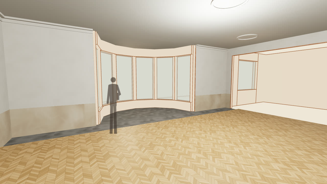 Le salon pendant le chantier : enduits faits, parquet en cours de pose