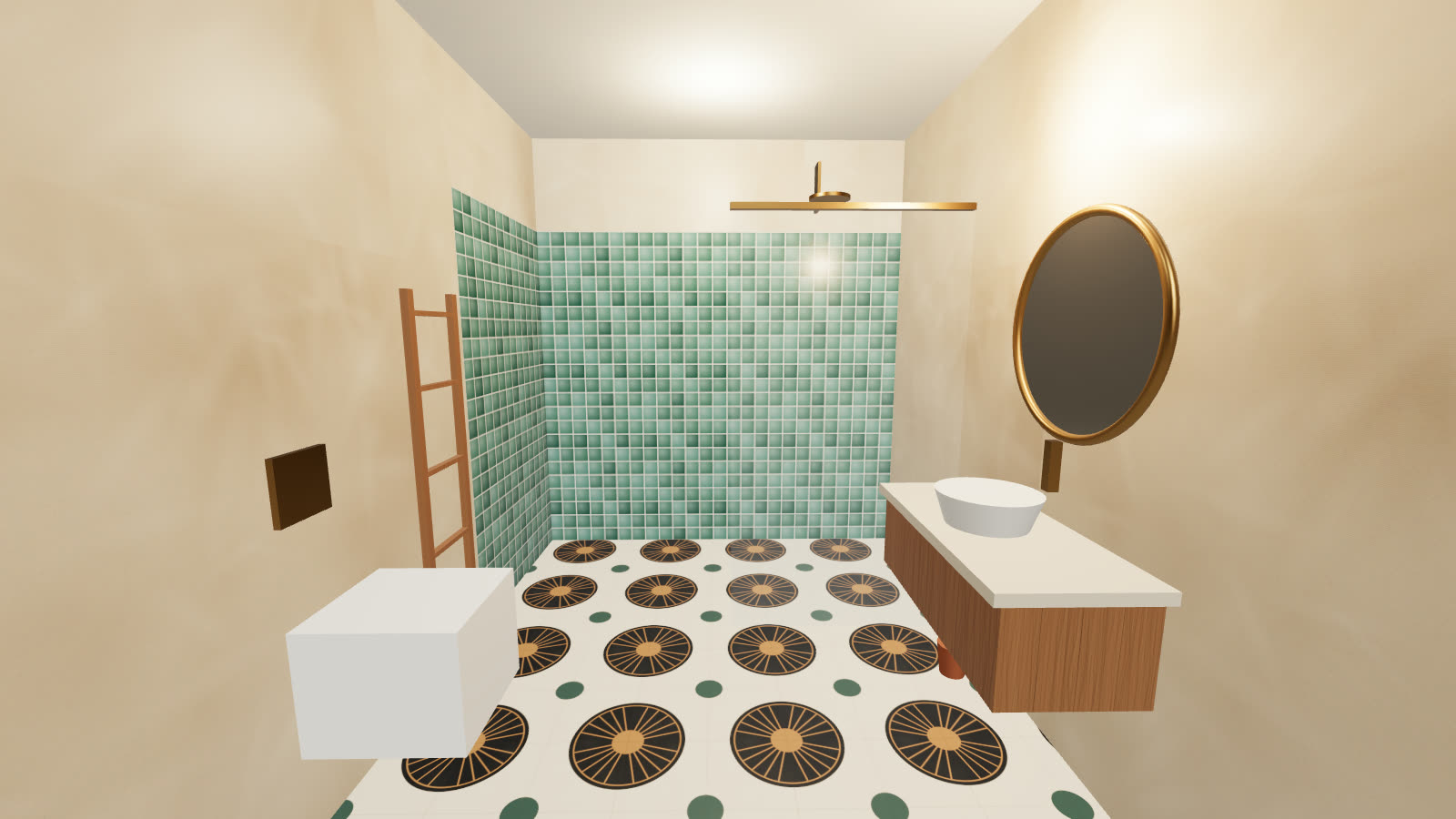 Salle de bains rénovée : douche à l'italienne en zellige, meuble en chêne, miroir laiton